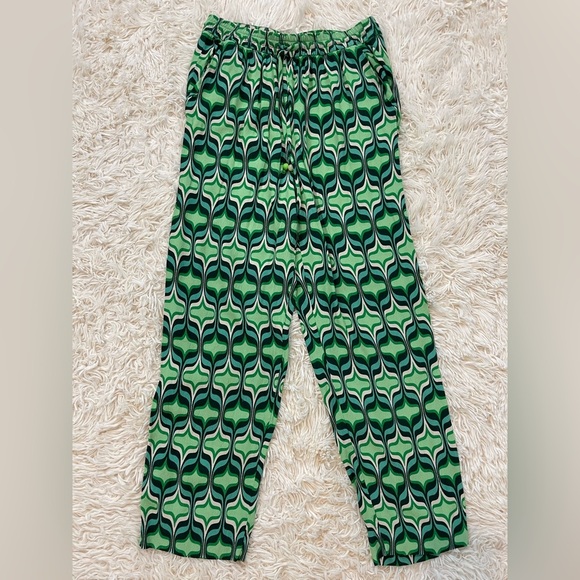 ZARA Trousers Printed Geometric Pajama Style elastic waist drawstrings M green - Picture 1 of 8